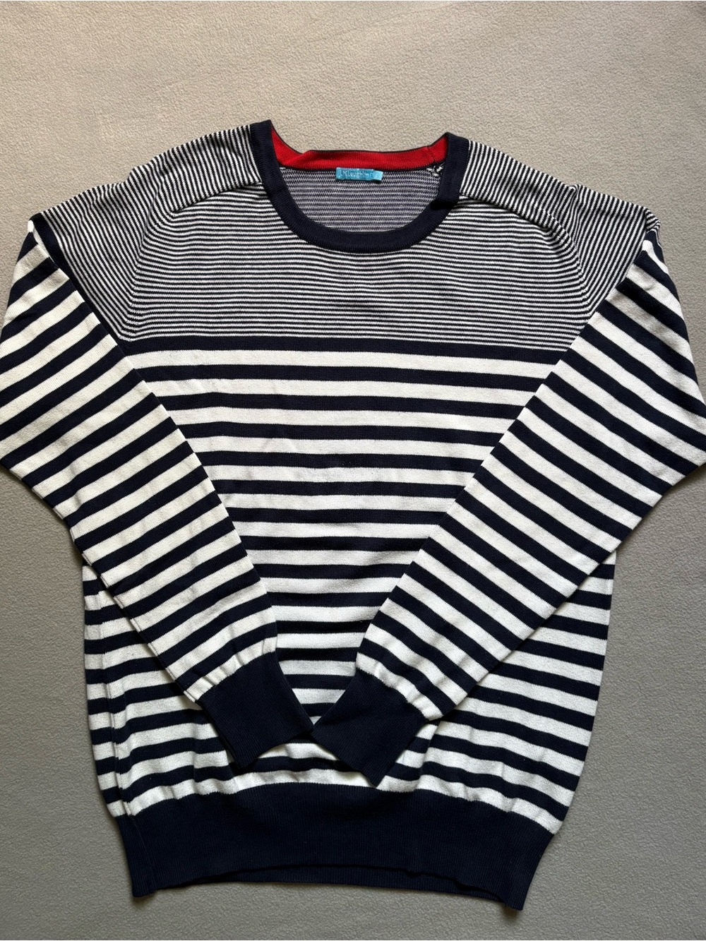 J. McLaughlin Navy White Striped Crewneck Sweater Ribbed Size Large Coastal
